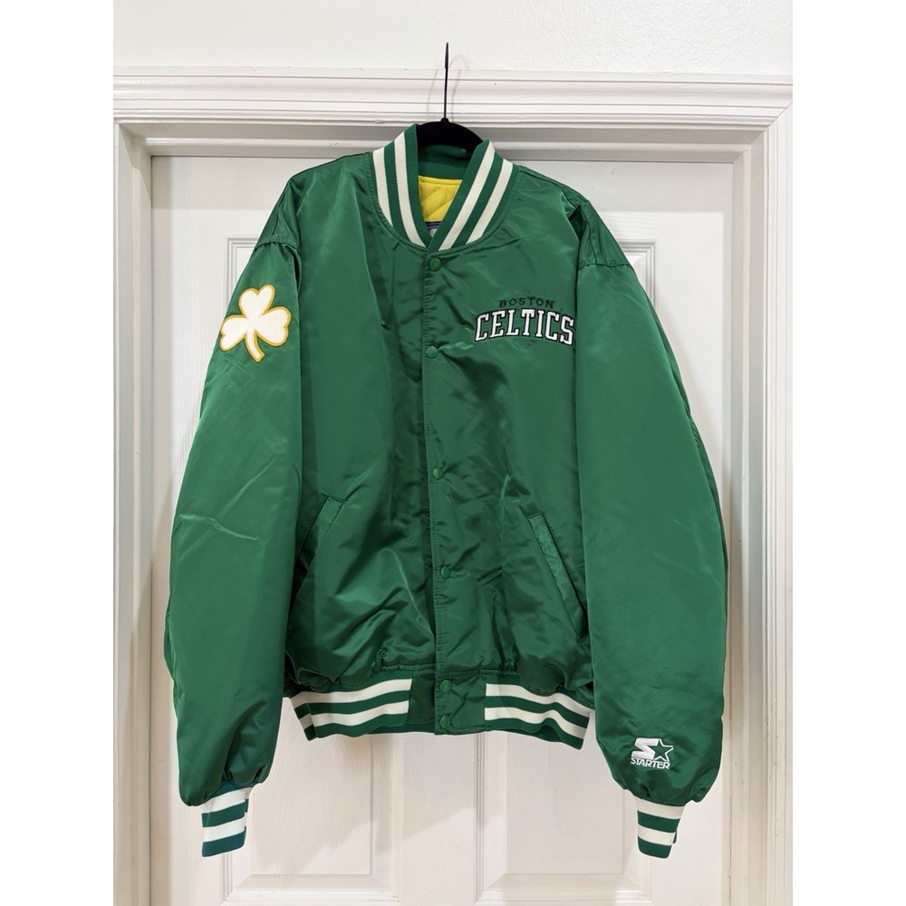 Vintage 90s Starter Boston Celtics Satin Bomber Jacket Green Men's XL